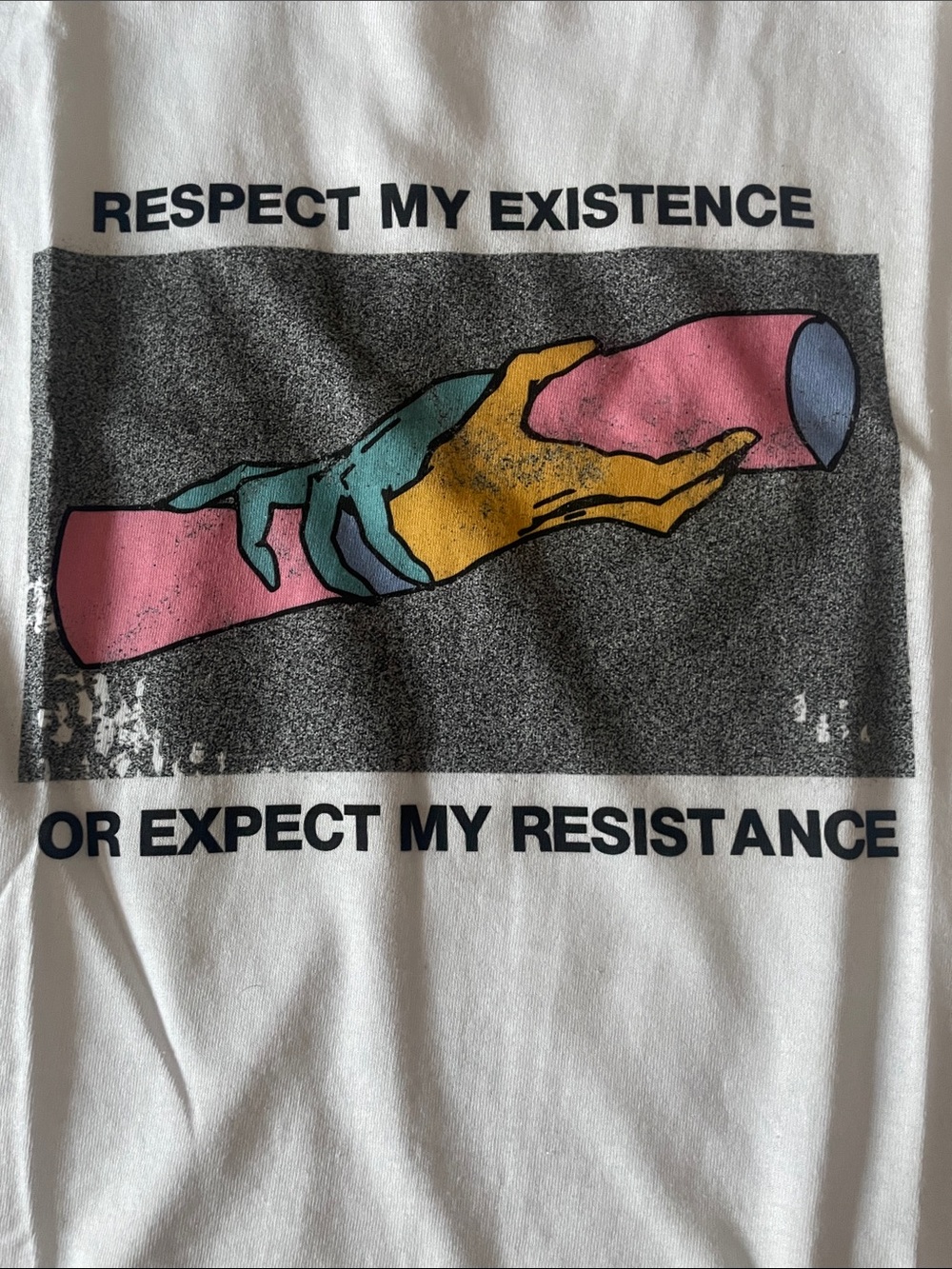 Gildan White Short Sleeve Tee with Multicolor Hand Graphic - Picture 3 of 3